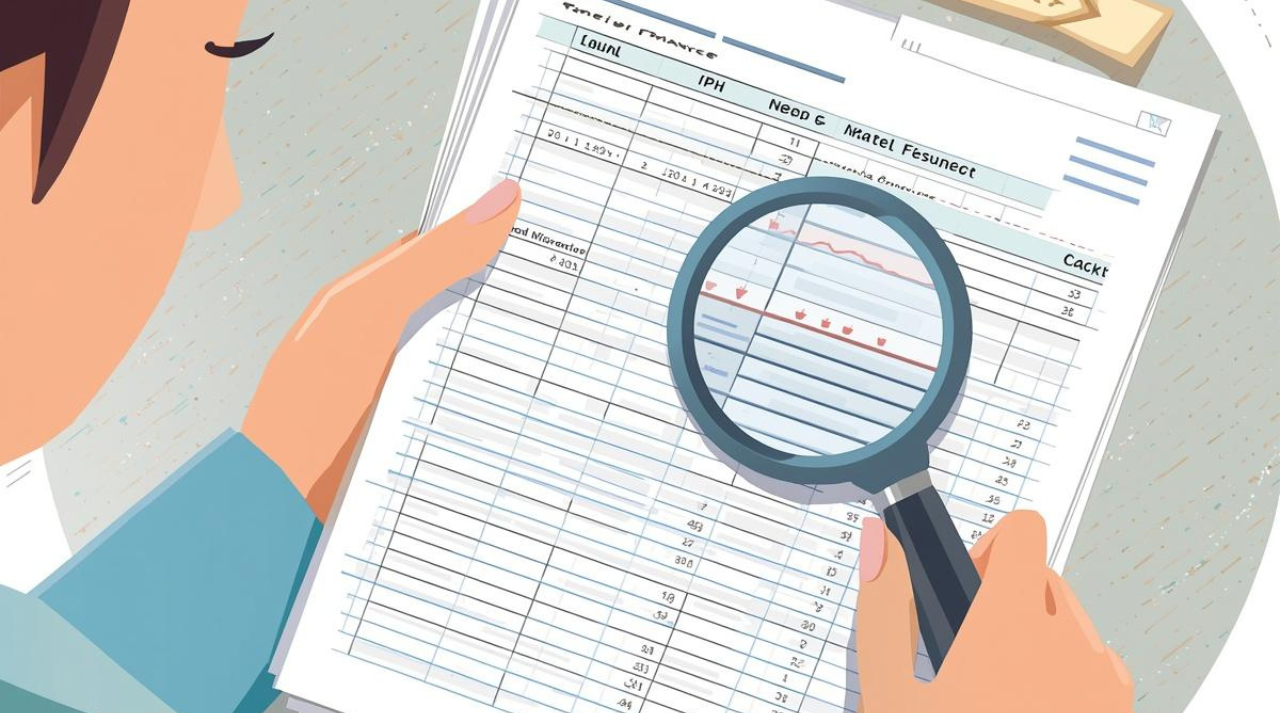Illustration of a person reviewing a detailed financial ledger with a magnifying glass