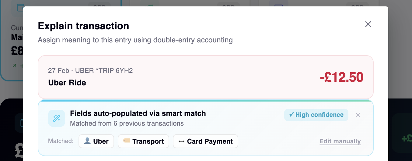 MyCashDash transaction explanation form with fields automatically pre-filled based on a previous matching rule for the same party